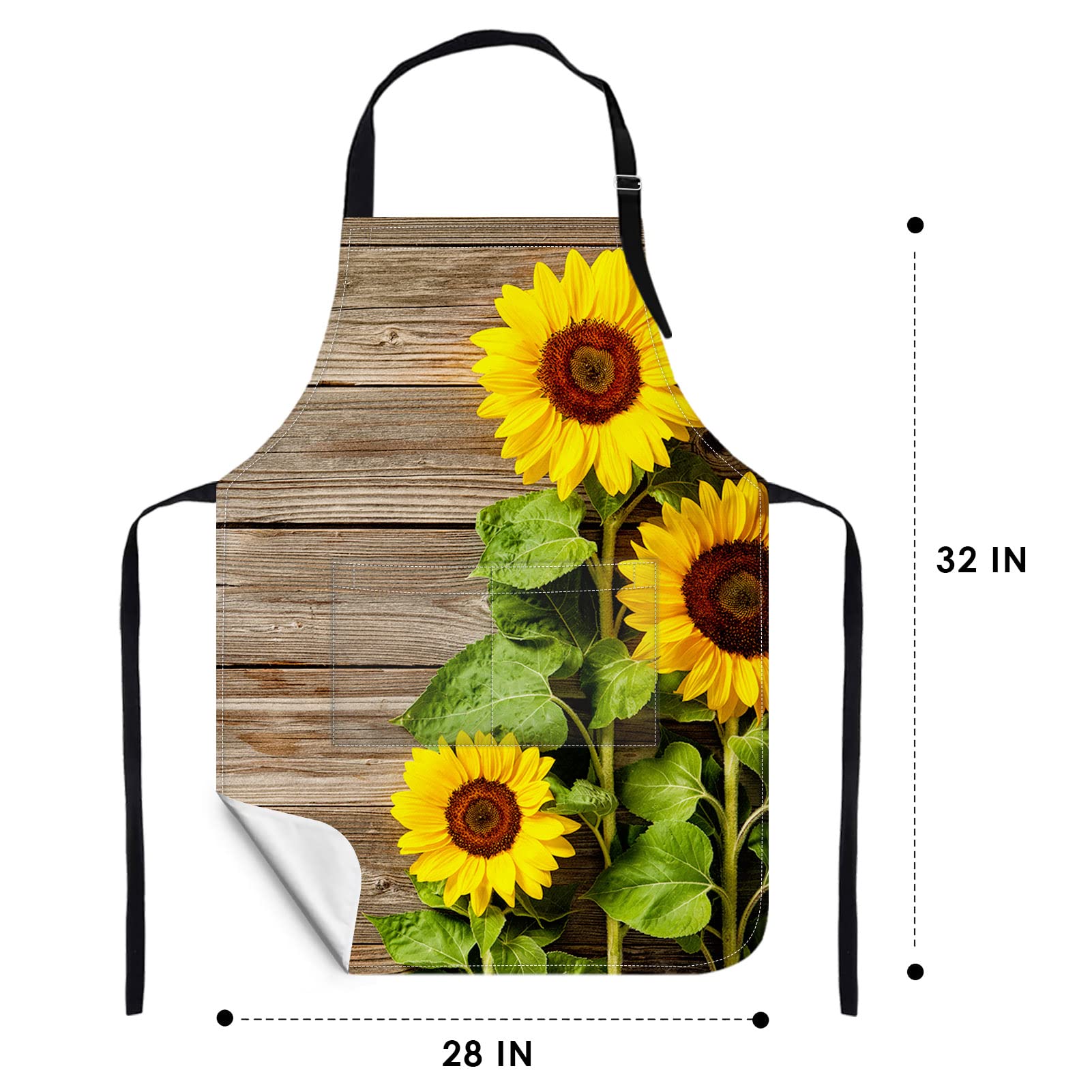 Britimes Apron Home Kitchen Cooking Baking Gardening for Women Men with Pockets Autumn Sunflowers Wooden Board Flower 32x28 inch